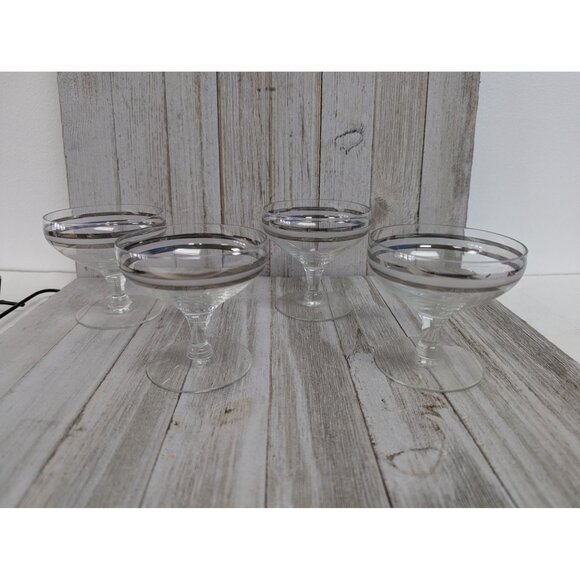 Champagne Glasses 3 3/8" Stemmed Set of 4 Silver Bands - Picture 1 of 6